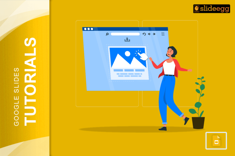 Illustration of a woman clicking an image on a screen, showing a Google Slides tutorial on adding images.