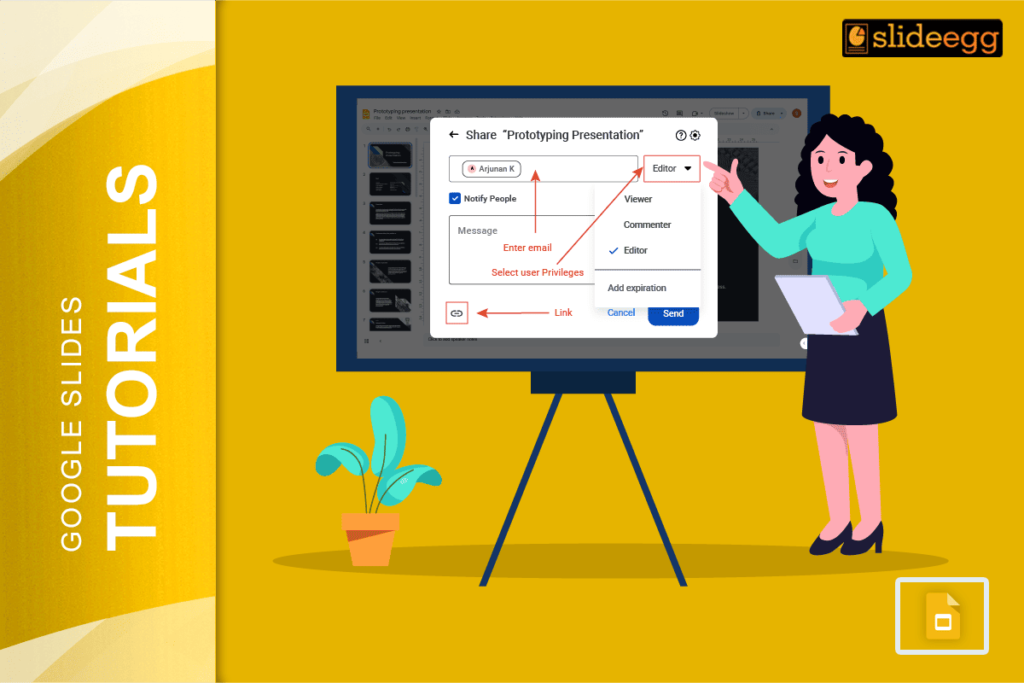 Illustration showing how to share Google Slides with edit, view, and comment access options.