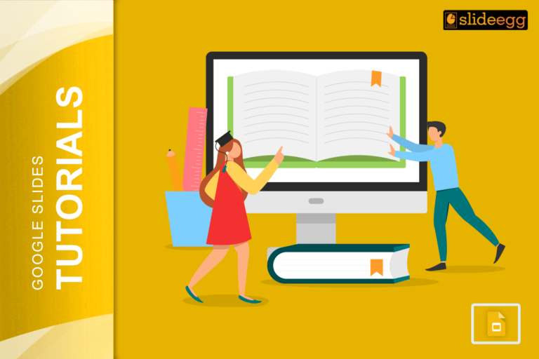 Illustration of two people creating an eBook on a computer screen using Google Slides tutorial.