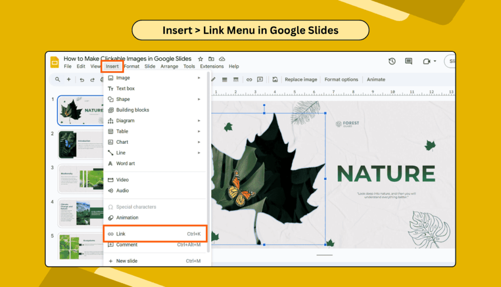 Insert > Link Menu in Google Slides