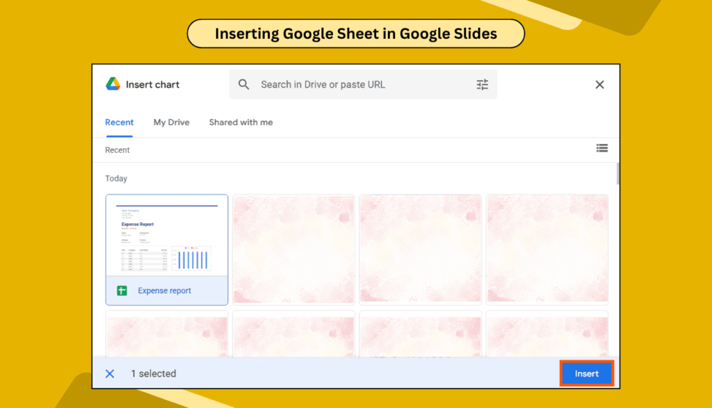 Google Slides screen showing how to select and insert a Google Sheets chart using the Insert button.