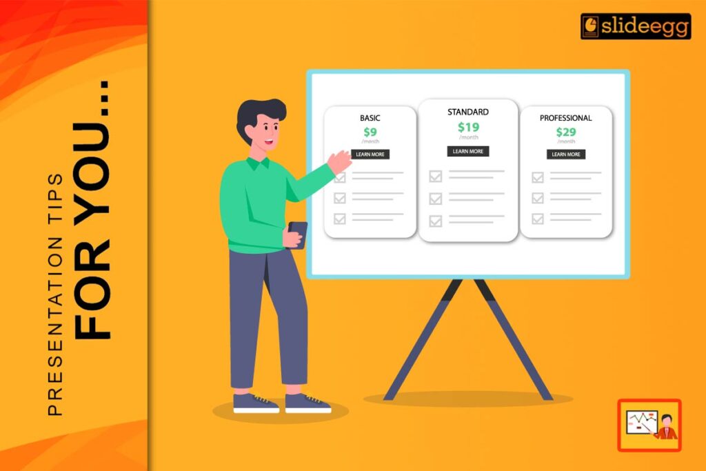 Man presenting a pricing table with basic, standard, and professional plans on a board for PowerPoint slide design tips