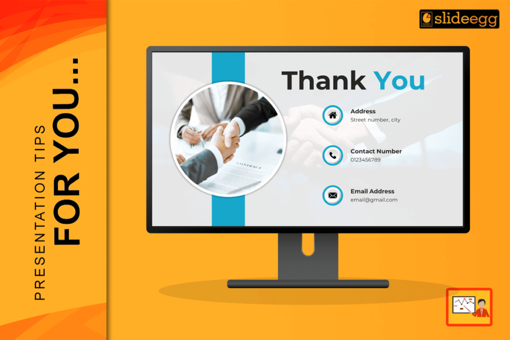 Computer screen displaying a professional "Thank You" slide with contact details and a handshake image.