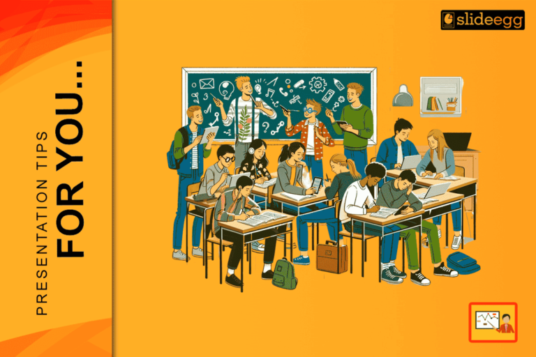 Illustration of college students preparing for a presentation in a busy classroom with digital devices.