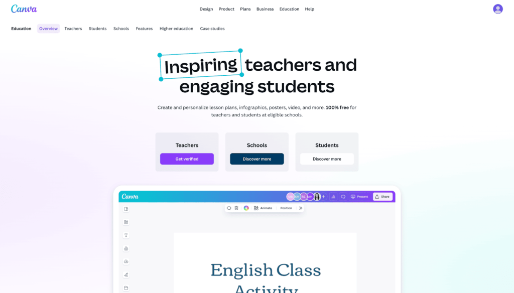 Canva for Education page showing tools for teachers, students, and schools with free resources.