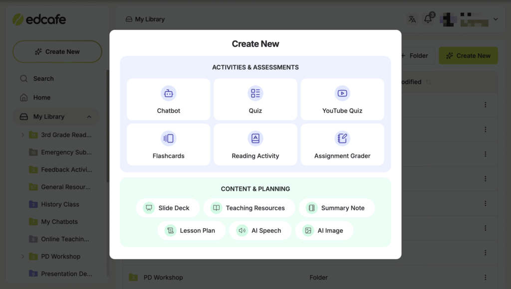 Edcafe dashboard modal showing Create New with chatbot, quiz, flashcards, and lesson tools options