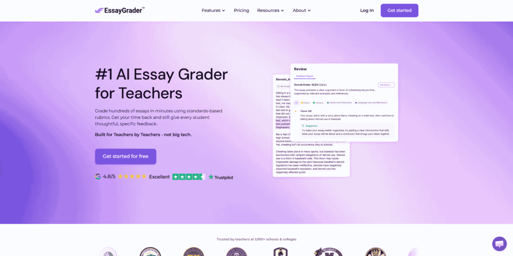 EssayGrader homepage showing AI-powered essay review interface with feedback and scoring panel.
