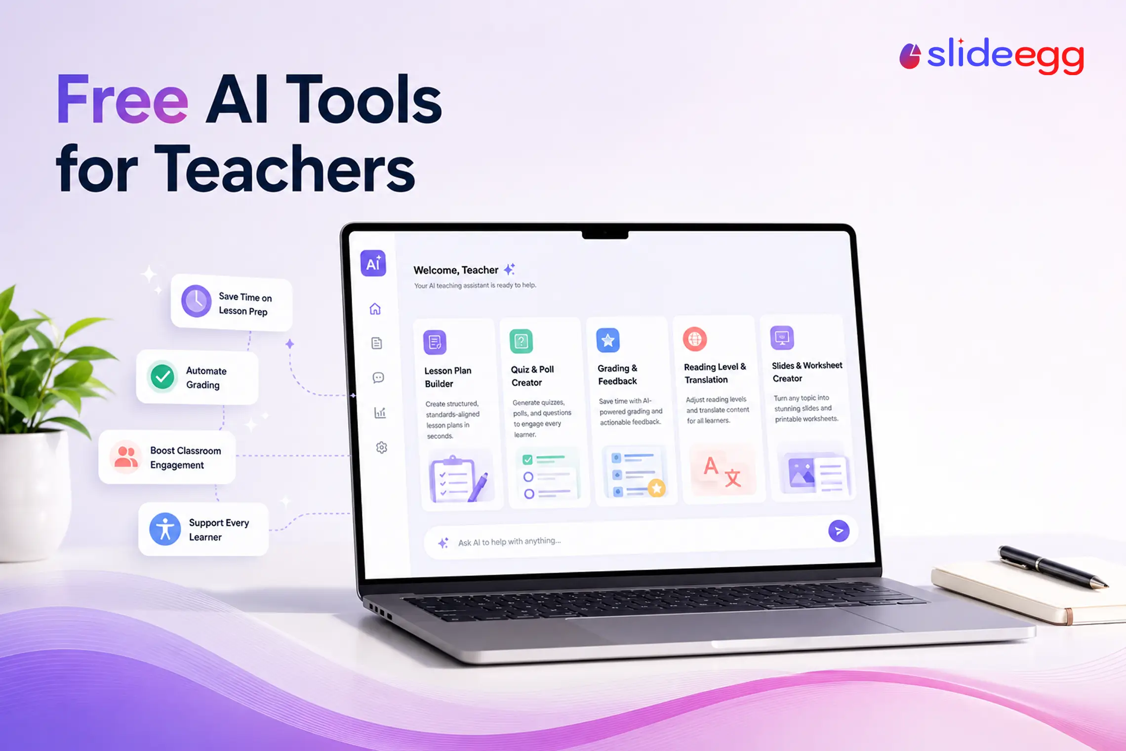 SlideEgg interface showing free AI tools for teachers with lesson planning and grading features.