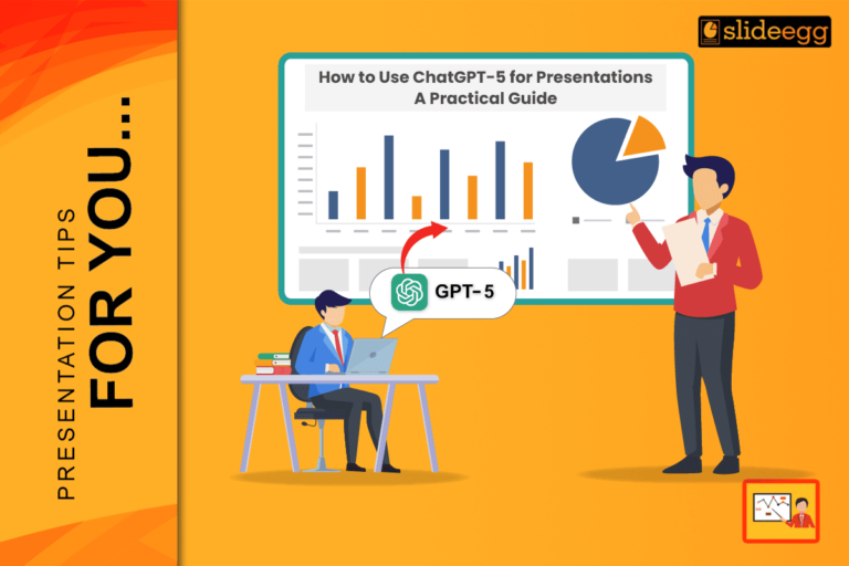 Illustration of professionals using GPT-5 for presentations with charts, graphs, and SlideEgg banner.