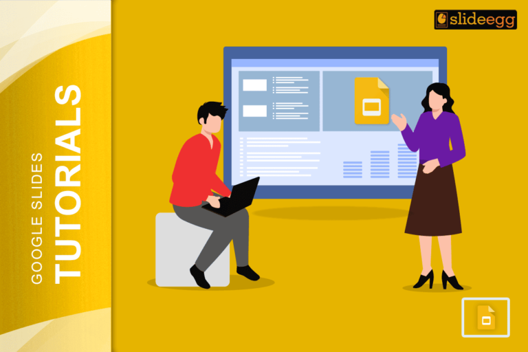 Illustration of a man with laptop and woman teaching Google Slides tutorial on a big screen.