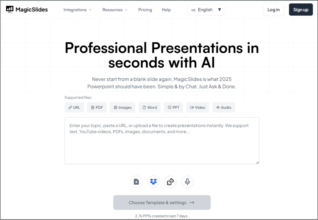 Homepage of MagicSlides app showing AI tool that creates presentations from text, PDFs, or videos.