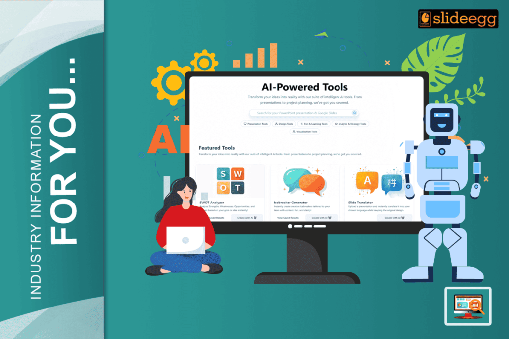 Illustration showing SlideEgg AI-powered tools on a monitor with a robot and a woman using a laptop.