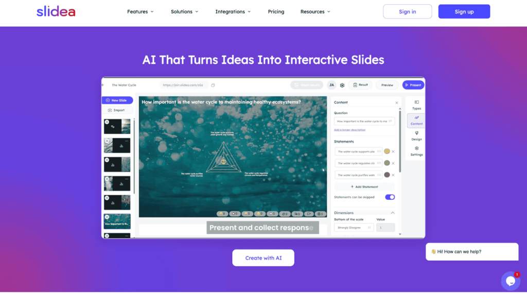 Slidea website showcasing AI that turns ideas into interactive slides with design and response tools.