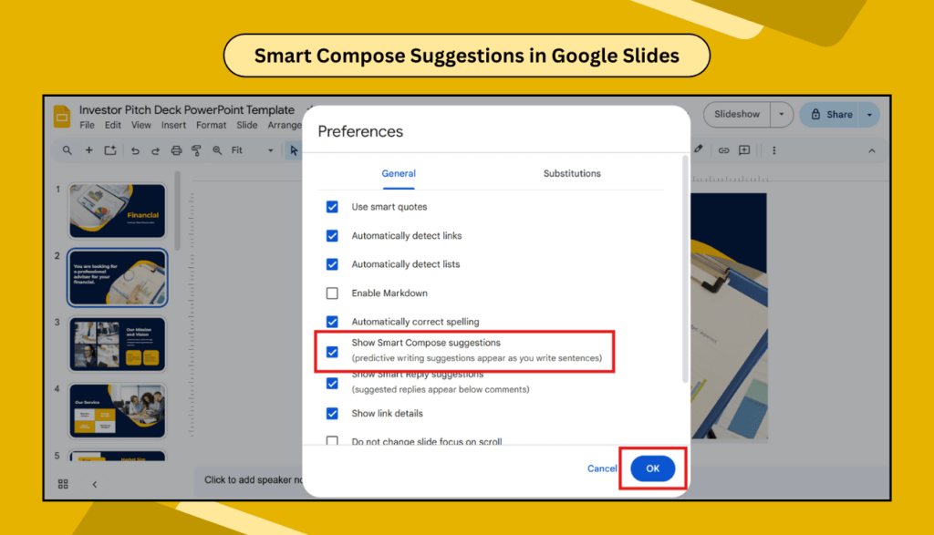 Google Slides preferences window showing option to enable Smart Compose suggestions highlighted.