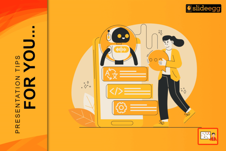 Woman with chat bubble beside robot on phone, SlideEgg banner on presentation tips in orange theme.