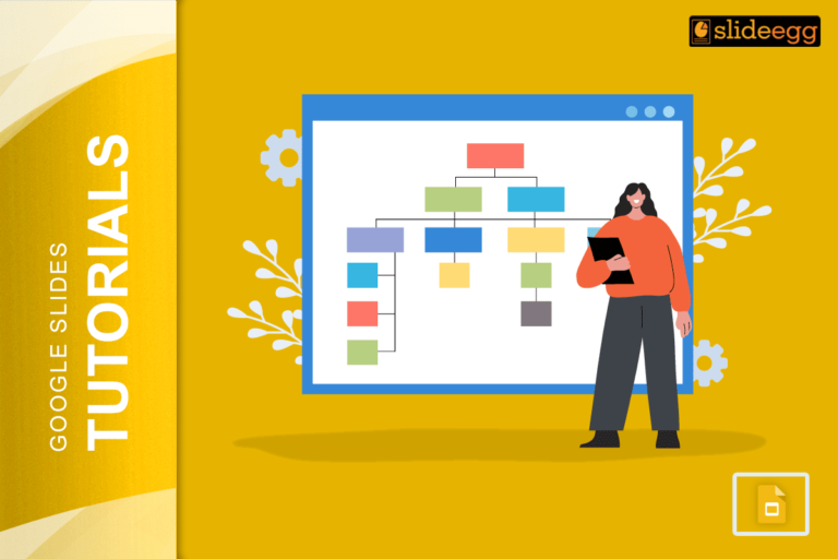 A woman standing near a colorful decision tree chart on a large Google Slides screen for tutorial.