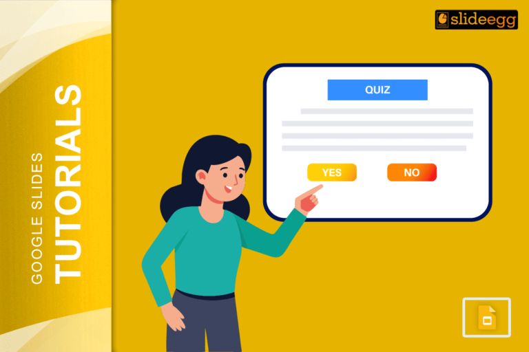 Woman creating a Google Slides quiz with Yes and No buttons for an interactive presentation