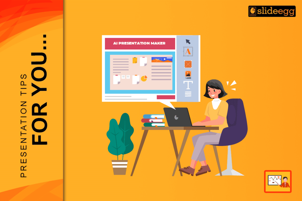 A teacher using an AI presentation maker on a laptop, creating slides in a bright workspace.