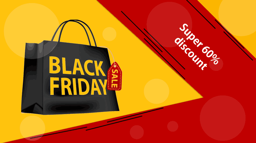 Black and red sale theme slide with bold typography, discount labels, and modern Black Friday design.
