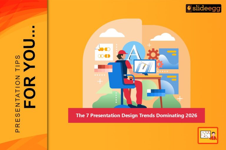A designer working at a desk on presentation designs, surrounded by charts, graphics, and tools, with the title “The 7 Presentation Design Trends Dominating 2026.”