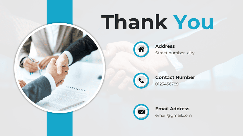 Business thank you slide with handshake image and contact details in clean layout.