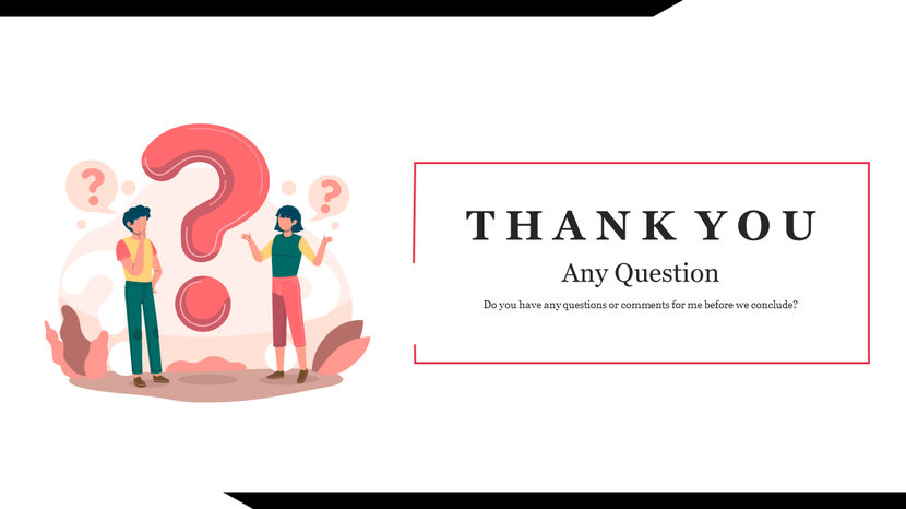 Thank you slide with question mark illustration inviting audience questions at presentation's end.