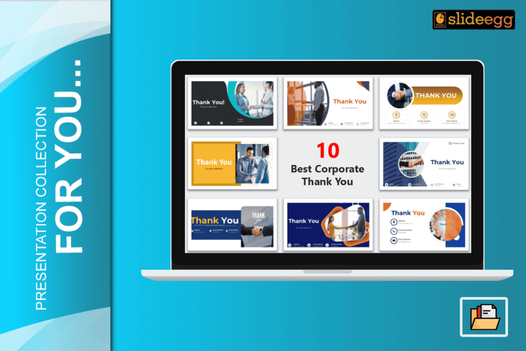 Laptop displaying 10 best corporate thank you slide designs for professional presentations.
