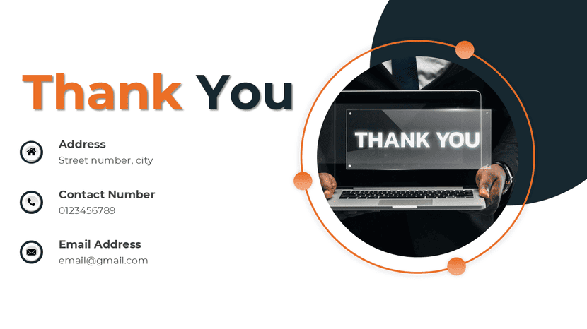 Professional thank you slide with contact details and laptop screen displaying thank you message.
