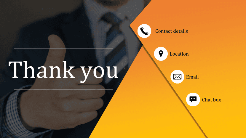 Business thank you slide with thumbs-up gesture and contact details on orange layout.