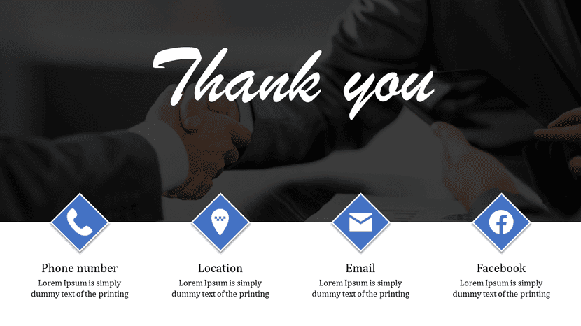 Business thank you slide with handshake background and icons for phone, location, email, and social media.