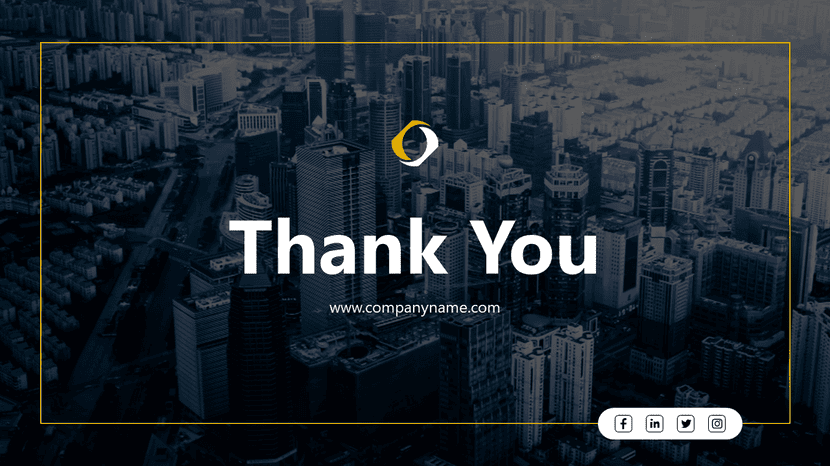 Corporate thank you slide with city skyline background and brand website link.