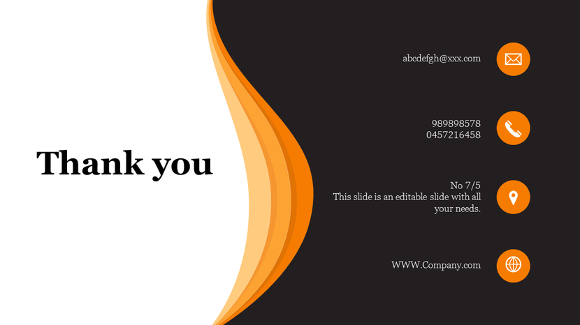 Professional thank you slide with curved orange accents and contact information icons.