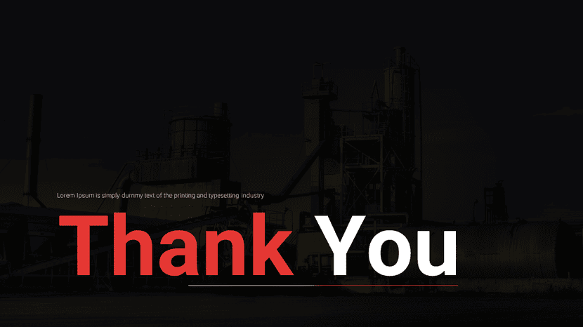 Dark themed thank you slide with industrial background and strong red typography.
