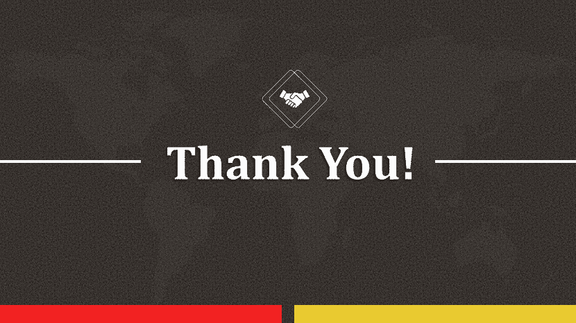 Dark textured thank you slide with handshake icon and bold centered typography.