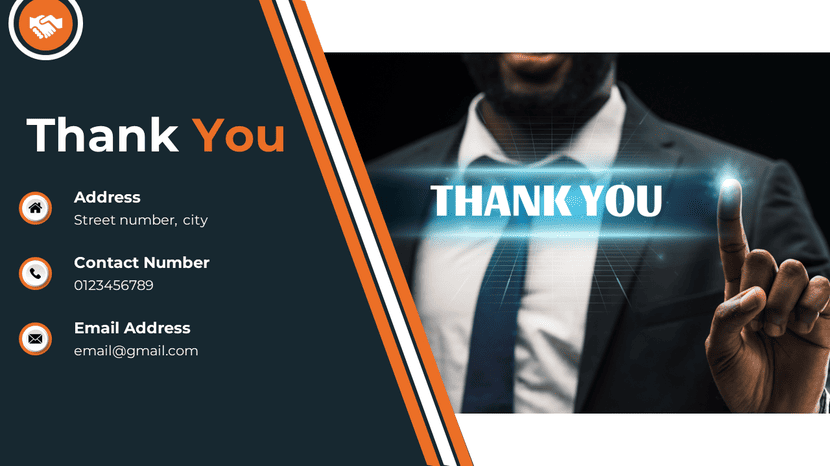 Professional thank you slide with digital handshake effect and contact information