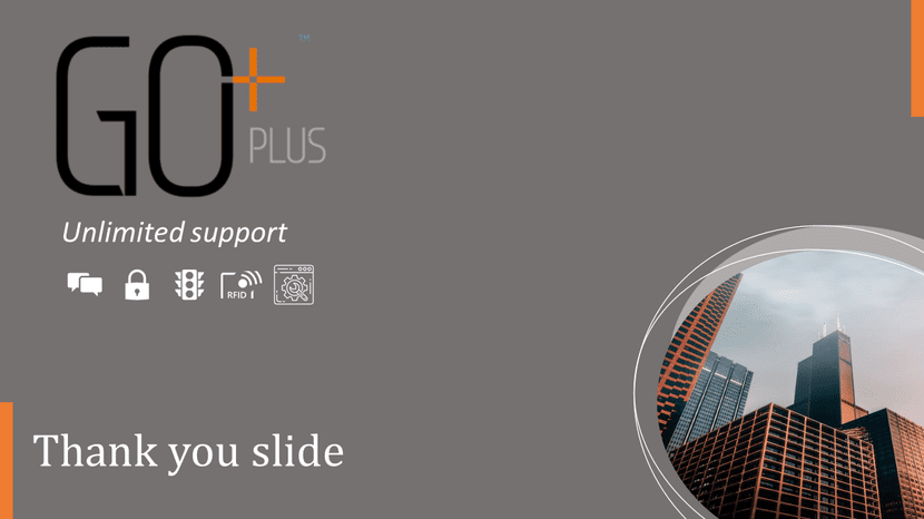 Corporate thank you slide with GO Plus branding, support icons, and modern city building image.