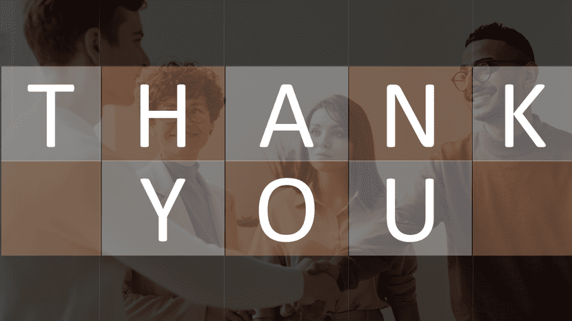 Thank you slide with team handshake image and bold typography in grid layout.