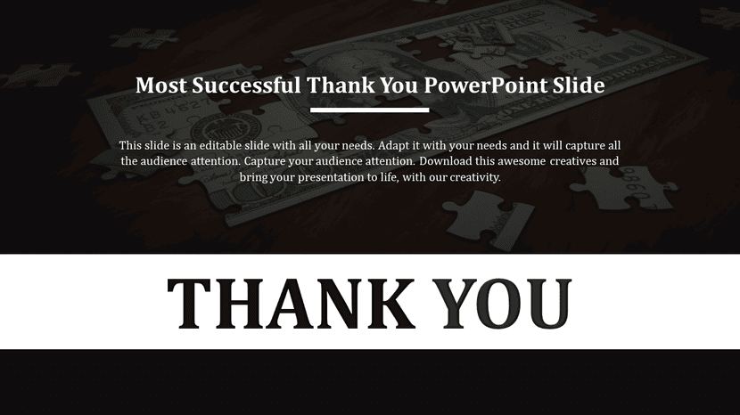Dark themed thank you PowerPoint slide with puzzle concept symbolizing success.