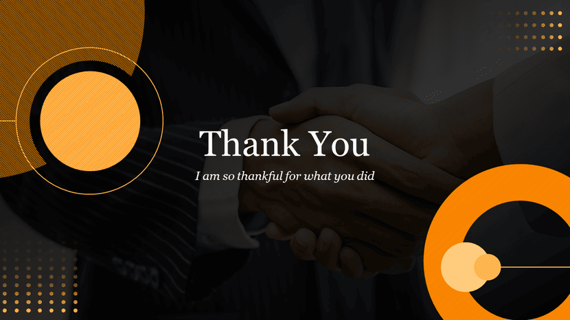 Elegant thank you slide with handshake background and circular gold design elements.