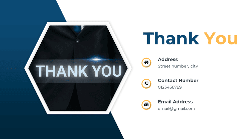Professional thank you slide with hexagon frame, contact details, and modern blue layout.