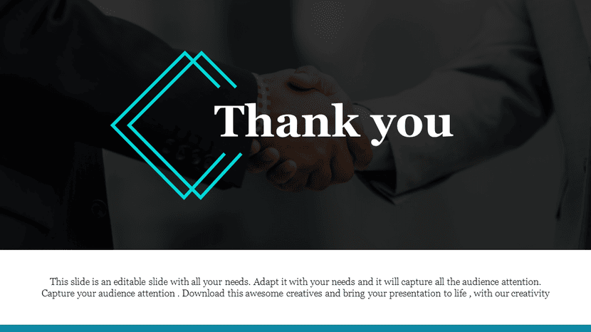Corporate thank you slide with handshake background and geometric teal accent.