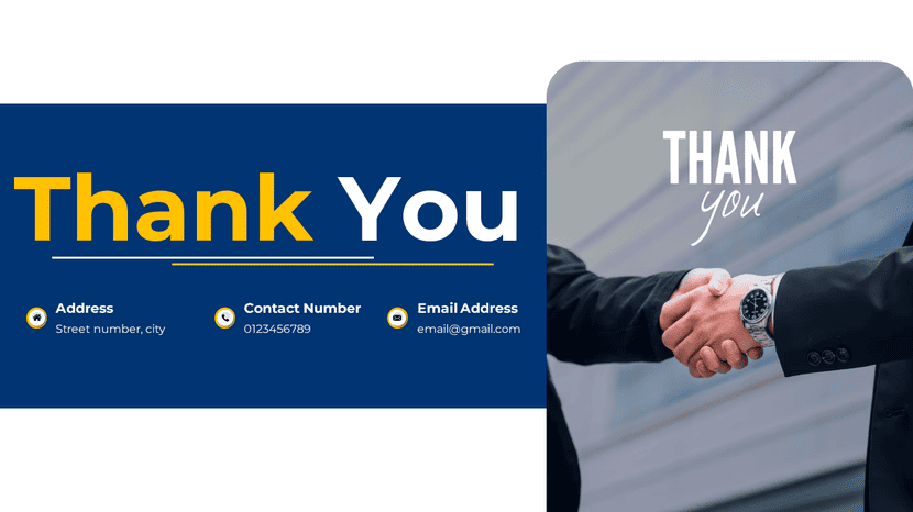 Thank you slide with contact details and handshake image in blue corporate style.