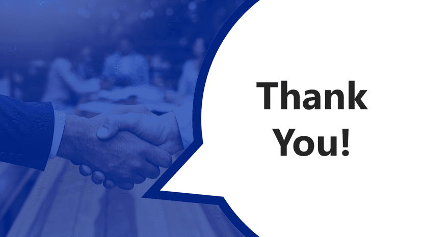 Thank you slide with speech bubble design and handshake background in blue theme.