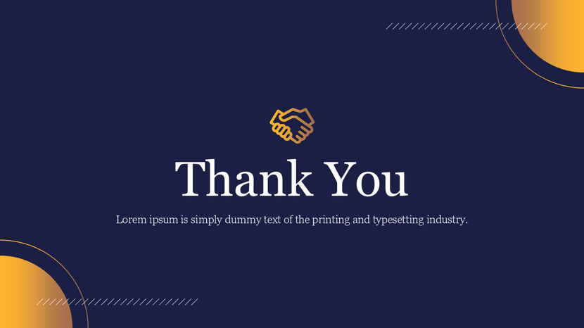 Professional thank you slide with handshake icon and dark blue gold partnership theme.