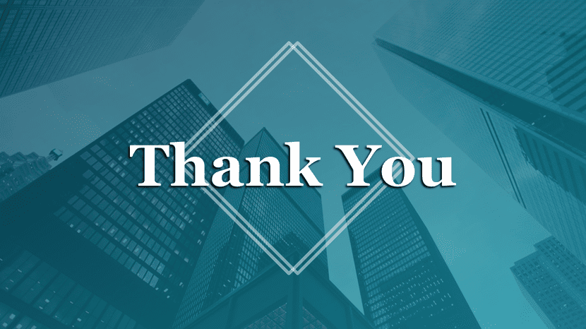 Thank you slide with diamond frame overlay on teal city skyscraper background, modern corporate design.