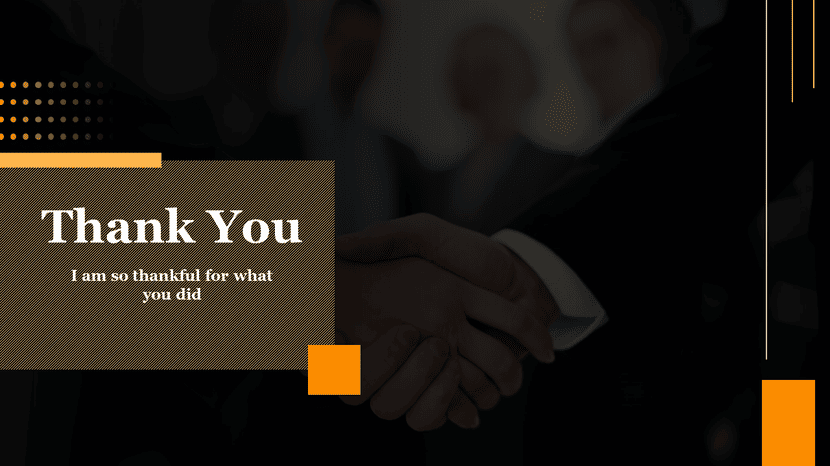 Dark professional thank you slide with handshake background, gold accents, and message of gratitude.