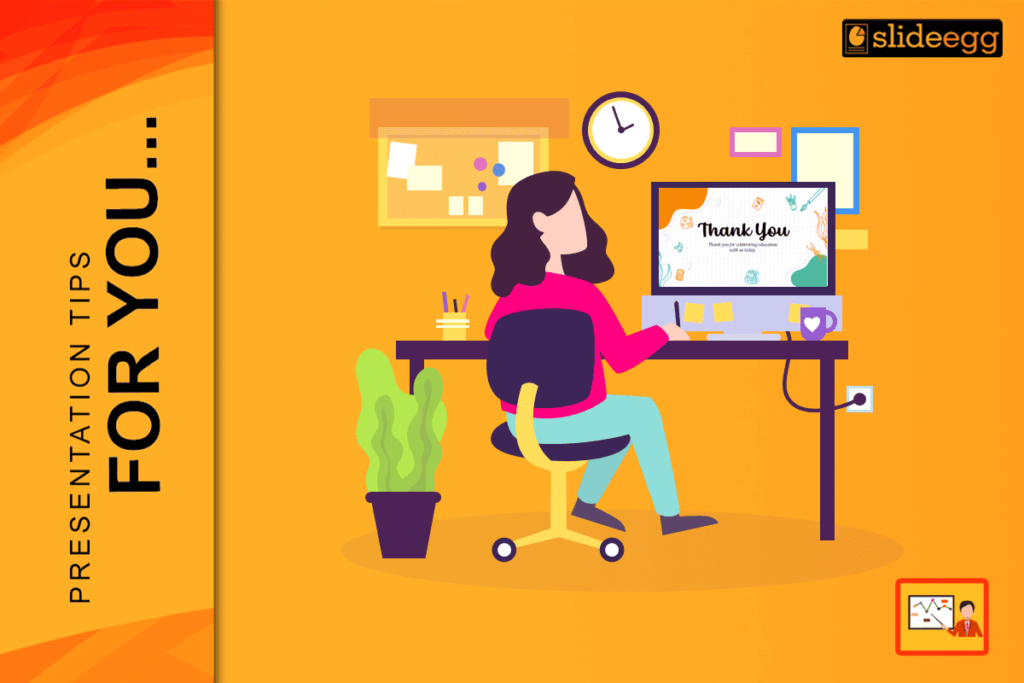 Illustration of a designer creating a thank you slide on a computer at a creative workspace.