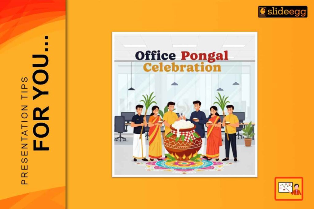 Office Pongal Celebration 2026 presentation slide with the office team, sugarcane decor, and festive agenda on screen
