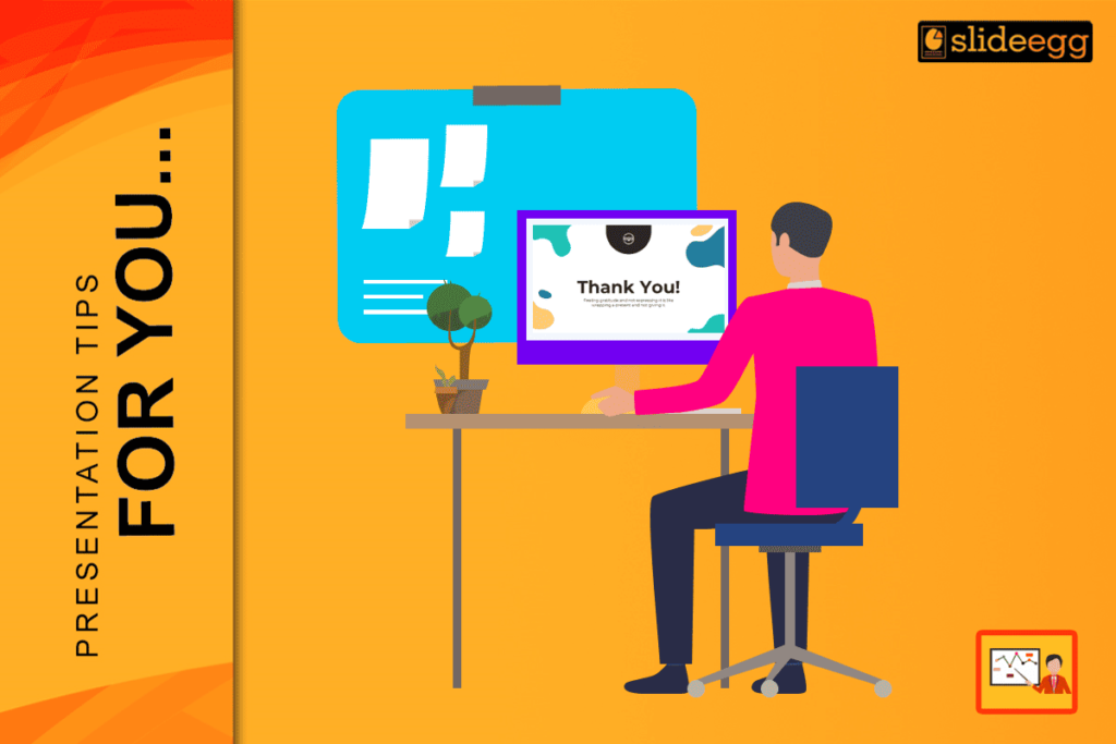 Designer creating a creative thank you slide on desktop as part of modern presentation tips.