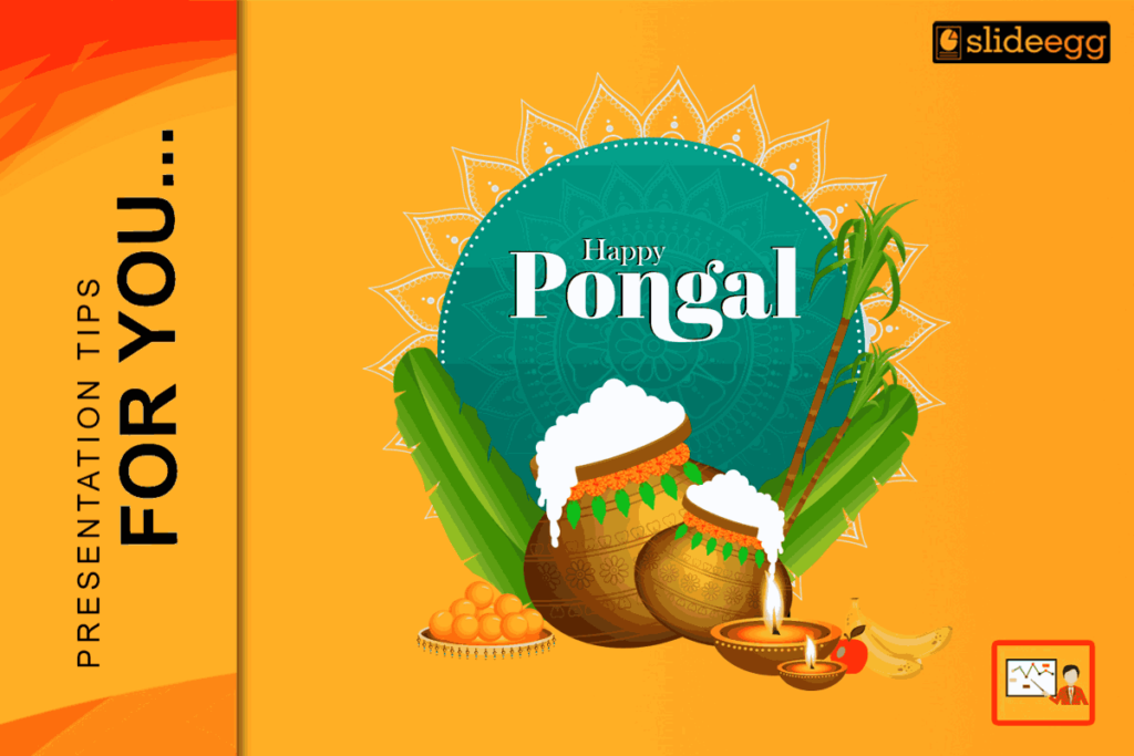 Pongal wishes presentation slide for 2026 with sugarcane, festive pot, bright colors, and a warm greeting message on a clean background.
